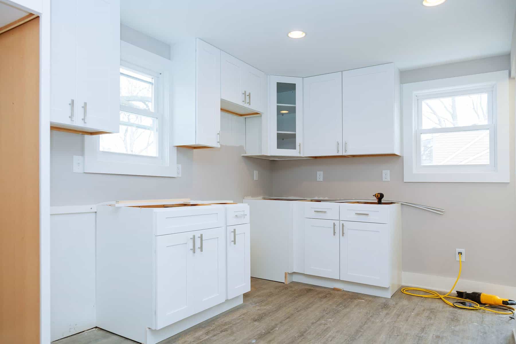 Interior design construction of a kitchen with instal kitchen cabinets